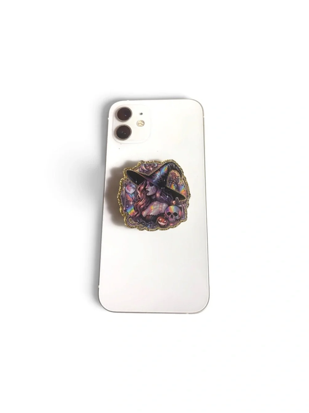 White Phone with Decorative Witch Graphic Pop Socket